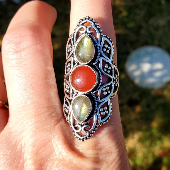 New Amazing Labradorite & Carnelian 925 Silver Ring. - Picture 8 of 12